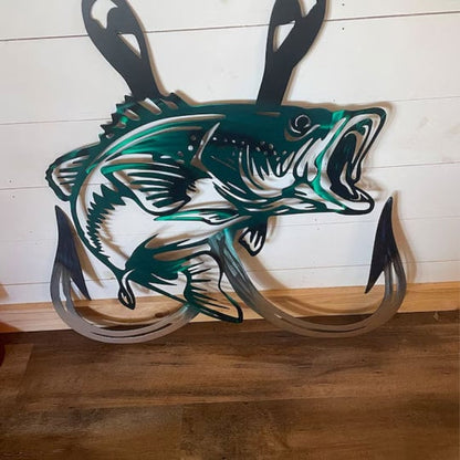🎁Metal Bass Fish with Hooks Plasma Cut Sign Art Fishing Art Gone Fishing