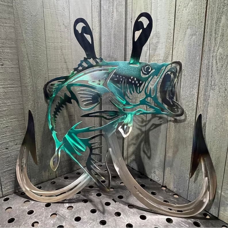 🎁Metal Bass Fish with Hooks Plasma Cut Sign Art Fishing Art Gone Fishing