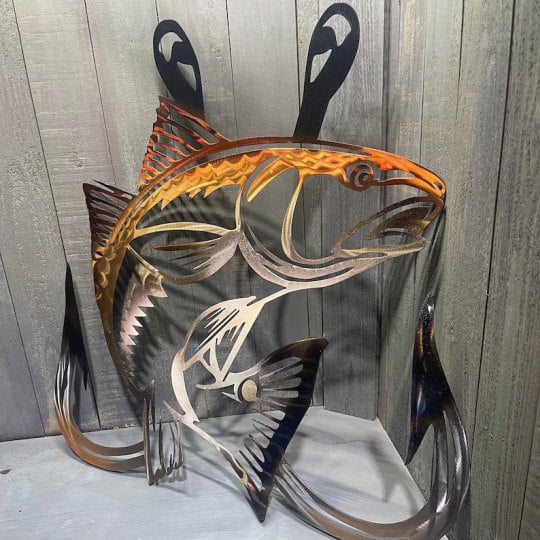 🎁Metal Bass Fish with Hooks Plasma Cut Sign Art Fishing Art Gone Fishing