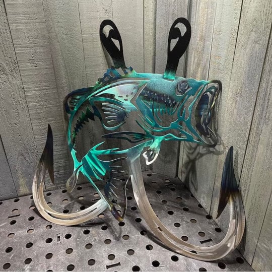 🎁Metal Bass Fish with Hooks Plasma Cut Sign Art Fishing Art Gone Fishing