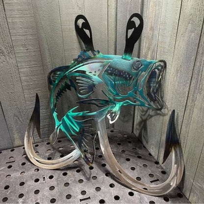 🎁Metal Bass Fish with Hooks Plasma Cut Sign Art Fishing Art Gone Fishing