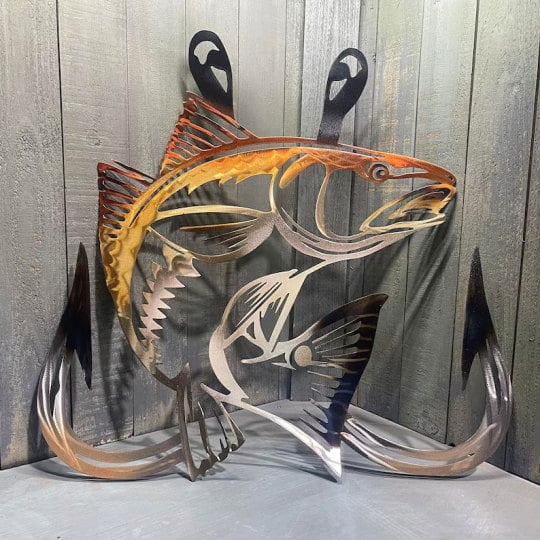 🎁Metal Bass Fish with Hooks Plasma Cut Sign Art Fishing Art Gone Fishing