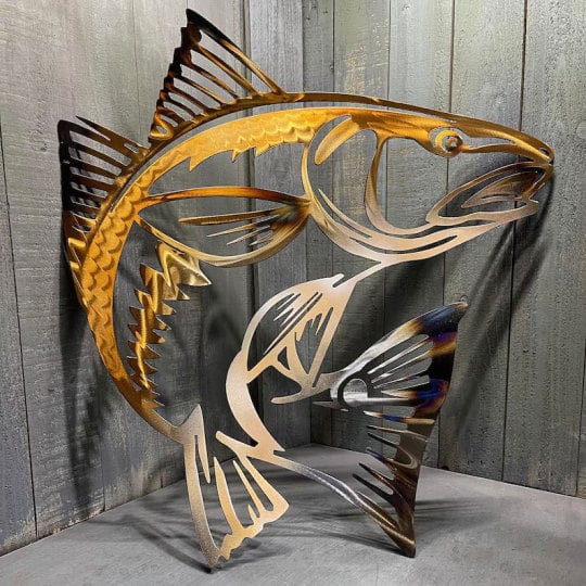 🎁Metal Bass Fish with Hooks Plasma Cut Sign Art Fishing Art Gone Fishing