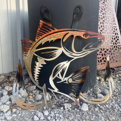 🎁Metal Bass Fish with Hooks Plasma Cut Sign Art Fishing Art Gone Fishing